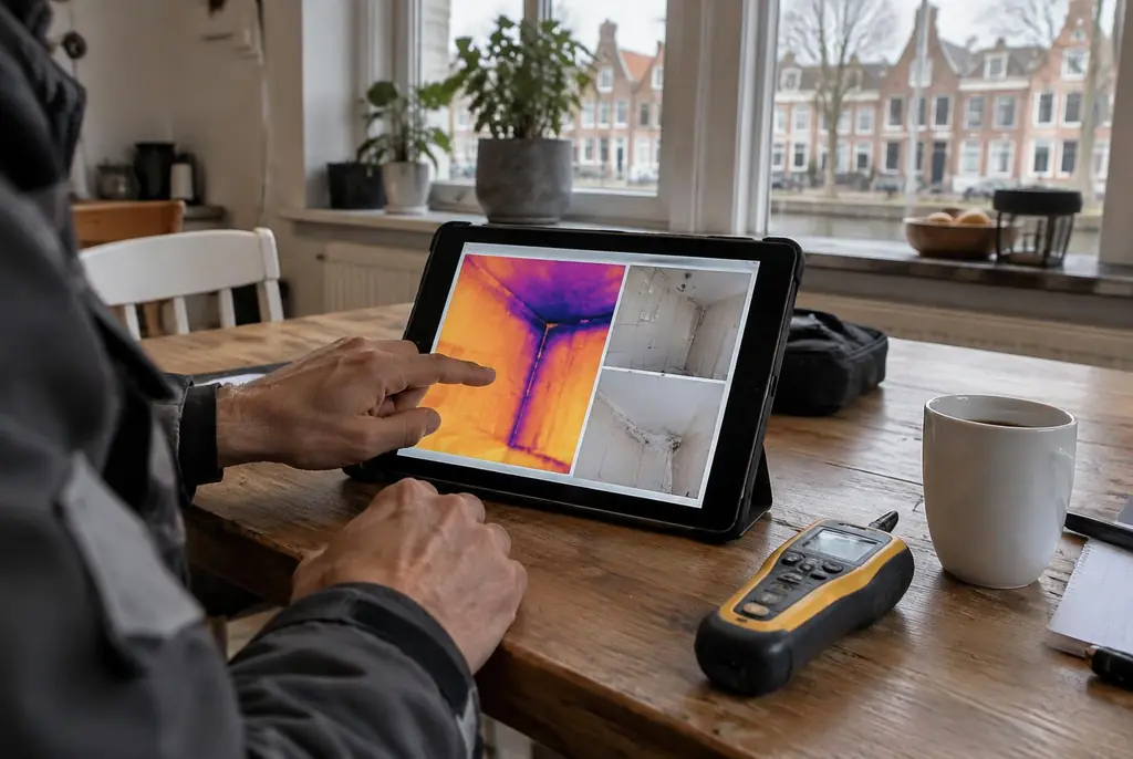Lekdetectie Nootdorp – lekdetectierapport met warmtebeelden en foto's op een tablet