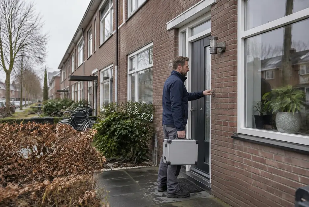 Lekdetectiespecialist met meetkoffer bij de voordeur van een woning in Nootdorp